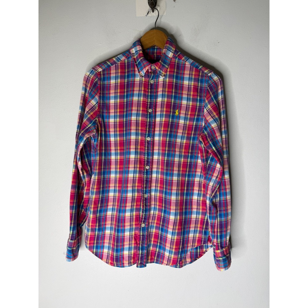 Ralph Lauren Kids Pink Blue Plaid Button Down Shirt Size 12 Cotton Pony Logo